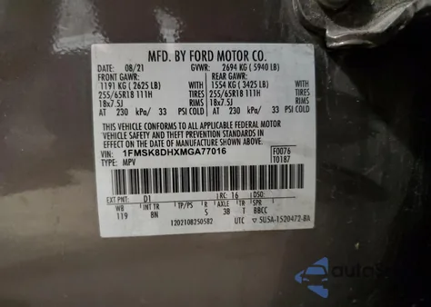 2021 Ford Explorer Xlt from USA, damaged, VIN 1FMSK8DHXMGA77016